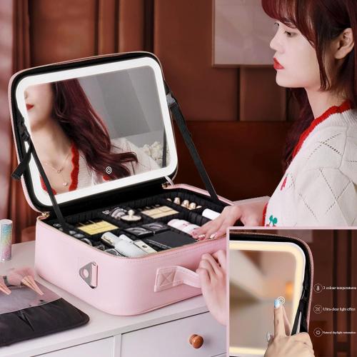 Makeup Bag with Mirror of LED Lighted, Travel Makeup Train Case Cosmetic Bag Organizer with Mirror and Lights, Make up Bag with Light up Mirror Adjustable Divider Brush Board