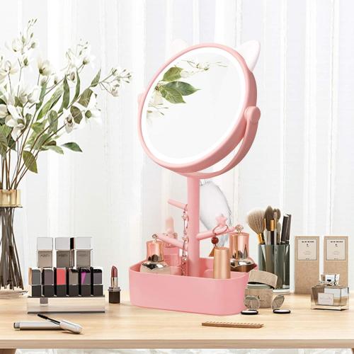 Rechargeable Small Illuminated Makeup Mirror with Storage Function  Adjustable Brightness Pink with Cat Ears