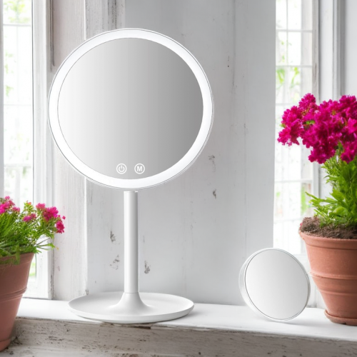 Round WhiteTabletop Cosmetic Mirror with Light 46-LED Lights Rechargeable Make up Mirror