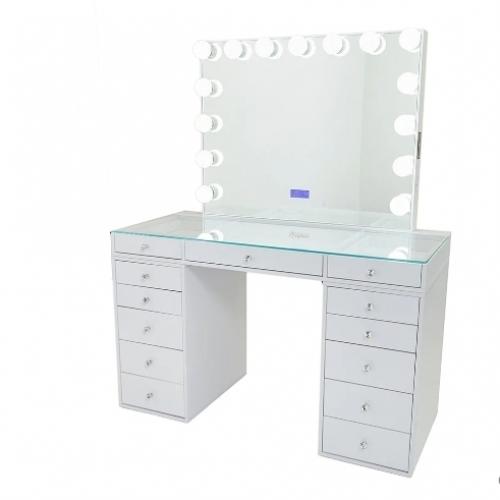 Solid White Clear Tempered Glass Top Hollywood LED Makeup Vanity with Bluetooth Speaker 