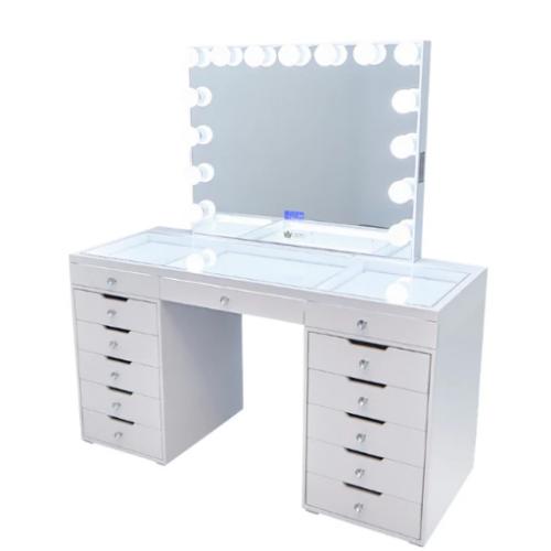 Solid white Panels Clear Glass Top Premium Hollywood Makeup Vanity station 
